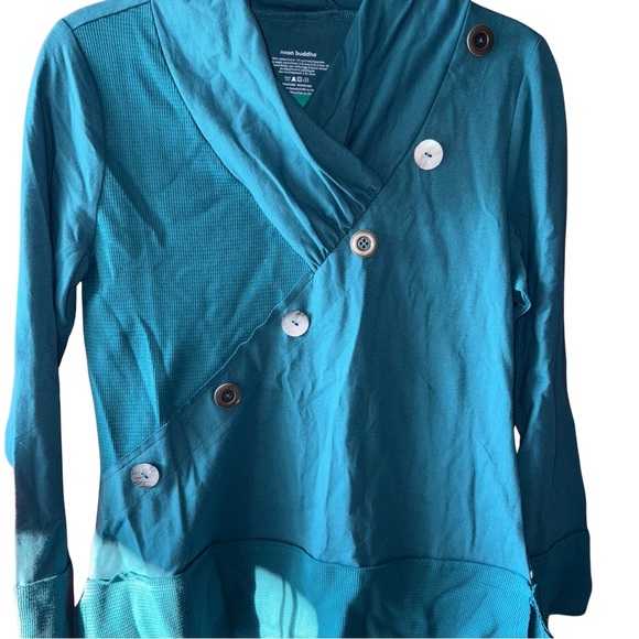 Neon Buddha Turquoise Asymmetrical Button Design Long Sleeve Tunic - Picture 2 of 6